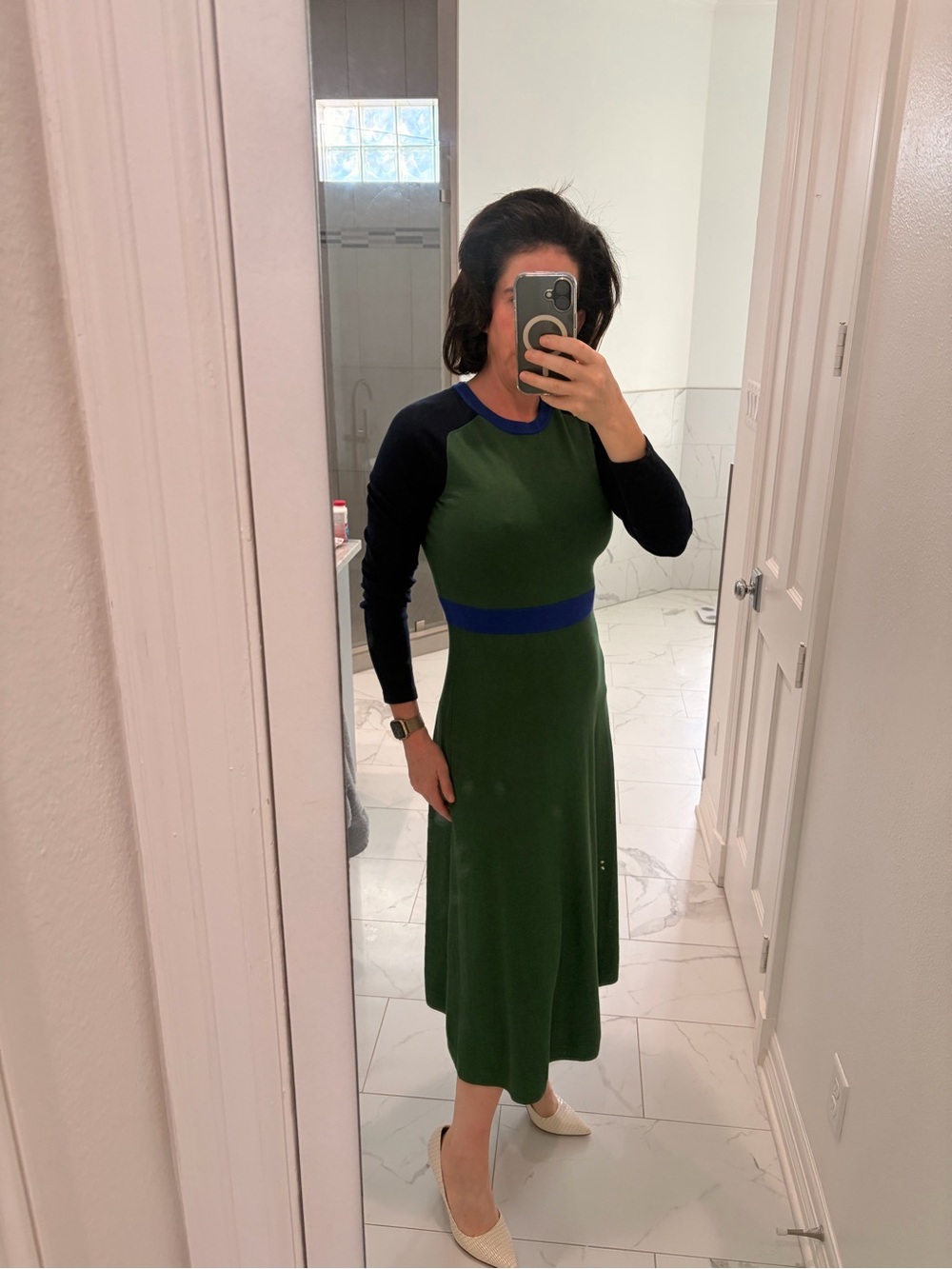 BODEN color block knit dress - size 6R- Green Midi Dress with Blue Trim